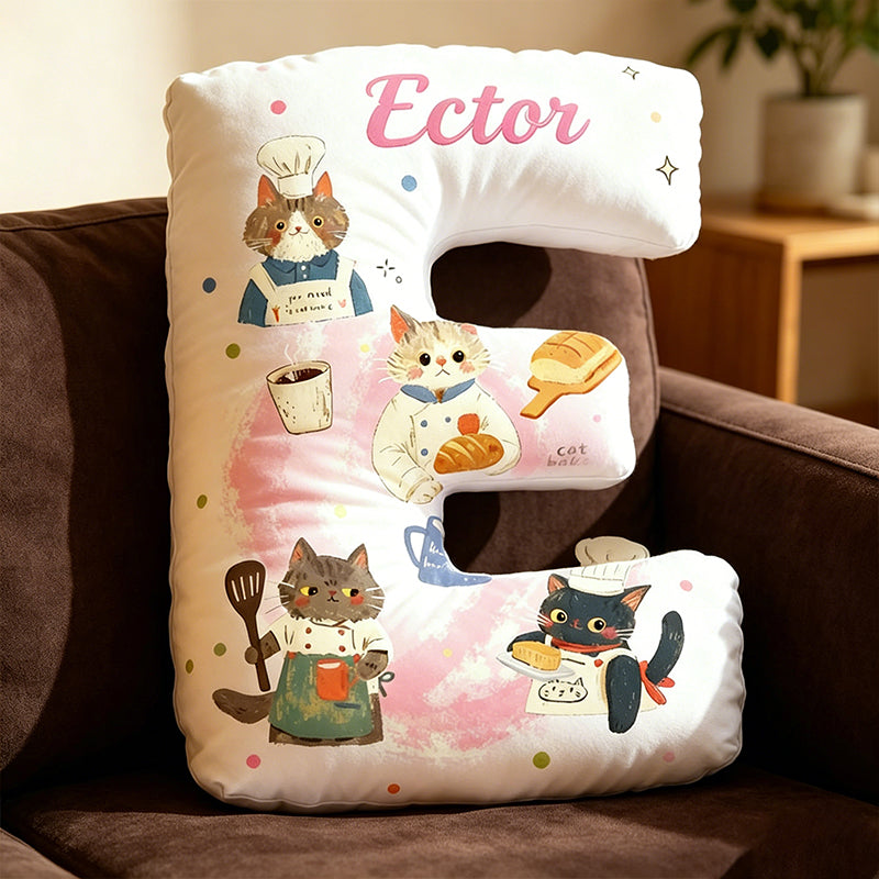 Personalized Cat Chef Letter Pillow with Custom Name, 3D Graphic Print Plush Cushion, Cute Cooking Cat Throw Pillow