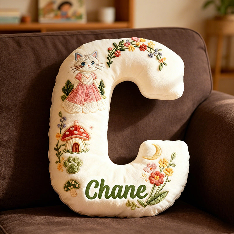 Personalized Cat Mushroom House Letter Pillow with Custom Name, Forest Flower 3D Graphic Plush Cushion for Kids Room Decor