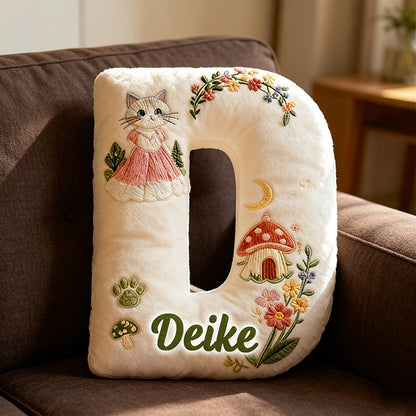 Personalized Cat Mushroom House Letter Pillow with Custom Name, Forest Flower 3D Graphic Plush Cushion for Kids Room Decor