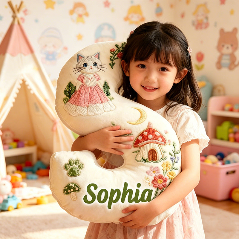 Personalized Cat Mushroom House Letter Pillow with Custom Name, Forest Flower 3D Graphic Plush Cushion for Kids Room Decor