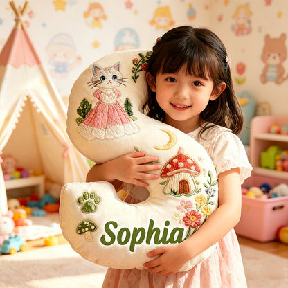 Personalized Cat Mushroom House Letter Pillow with Custom Name, Forest Flower 3D Graphic Plush Cushion for Kids Room Decor