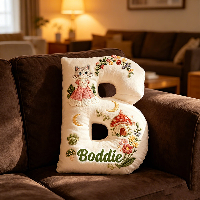 Personalized Cat Mushroom House Letter Pillow with Custom Name, Forest Flower 3D Graphic Plush Cushion for Kids Room Decor