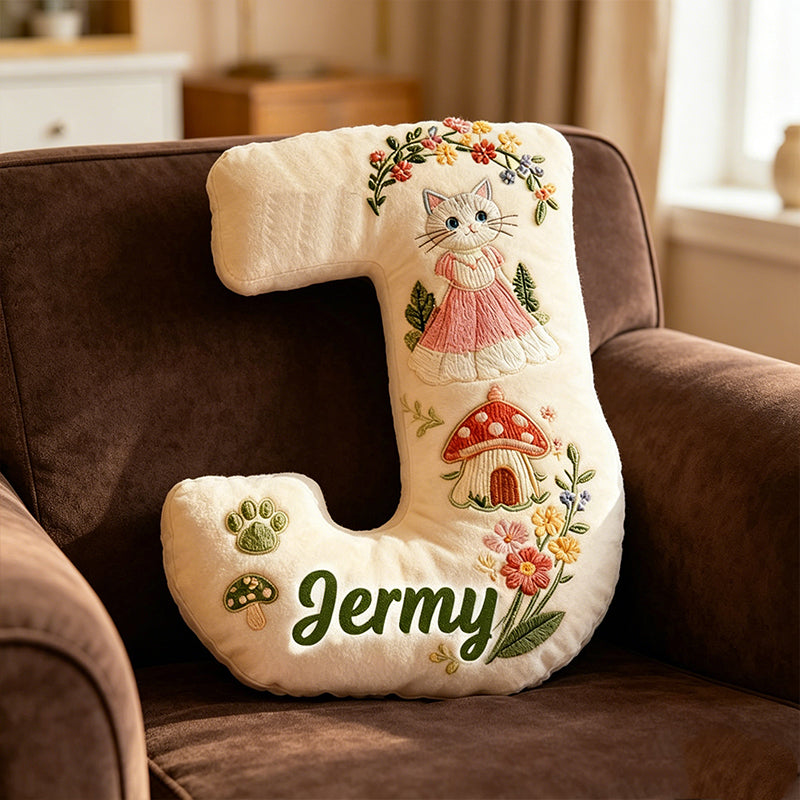 Personalized Cat Mushroom House Letter Pillow with Custom Name, Forest Flower 3D Graphic Plush Cushion for Kids Room Decor