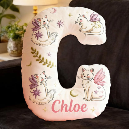 Personalized Mystical Winged Cat Letter Pillow with Custom Name, 3D Graphic Print Plush Cushion for Cat Lovers & Fantasy Decor