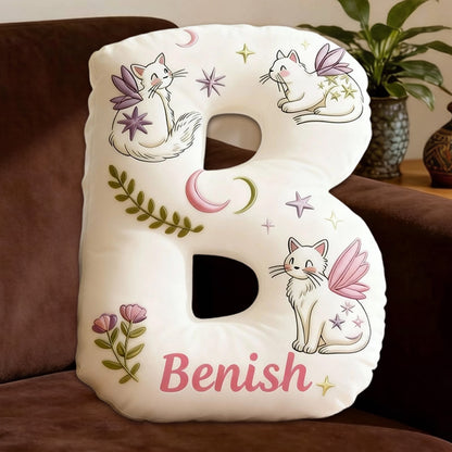 Personalized Mystical Winged Cat Letter Pillow with Custom Name, 3D Graphic Print Plush Cushion for Cat Lovers & Fantasy Decor
