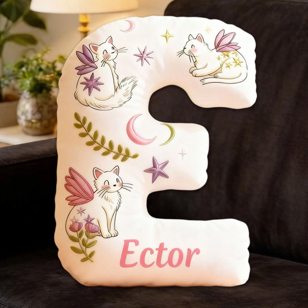 Personalized Mystical Winged Cat Letter Pillow with Custom Name, 3D Graphic Print Plush Cushion for Cat Lovers & Fantasy Decor