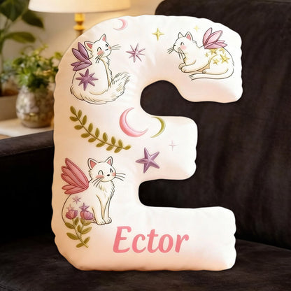 Personalized Mystical Winged Cat Letter Pillow with Custom Name, 3D Graphic Print Plush Cushion for Cat Lovers & Fantasy Decor