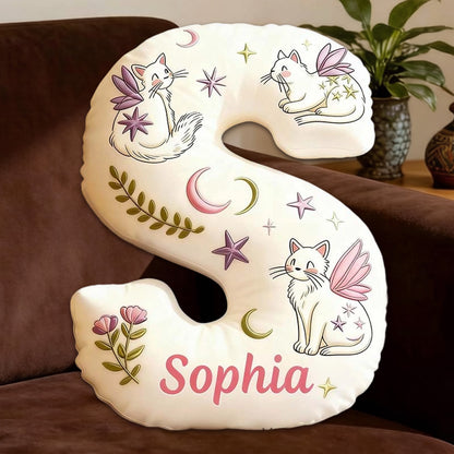 Personalized Mystical Winged Cat Letter Pillow with Custom Name, 3D Graphic Print Plush Cushion for Cat Lovers & Fantasy Decor