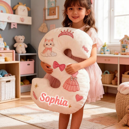 Personalized Cat Princess Dress Letter Pillow with Custom Name, 3D Graphic Print Plush Cushion for Kids & Cat Lovers