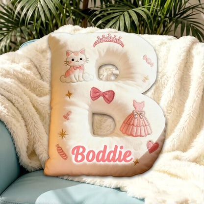 Personalized Cat Princess Dress Letter Pillow with Custom Name, 3D Graphic Print Plush Cushion for Kids & Cat Lovers