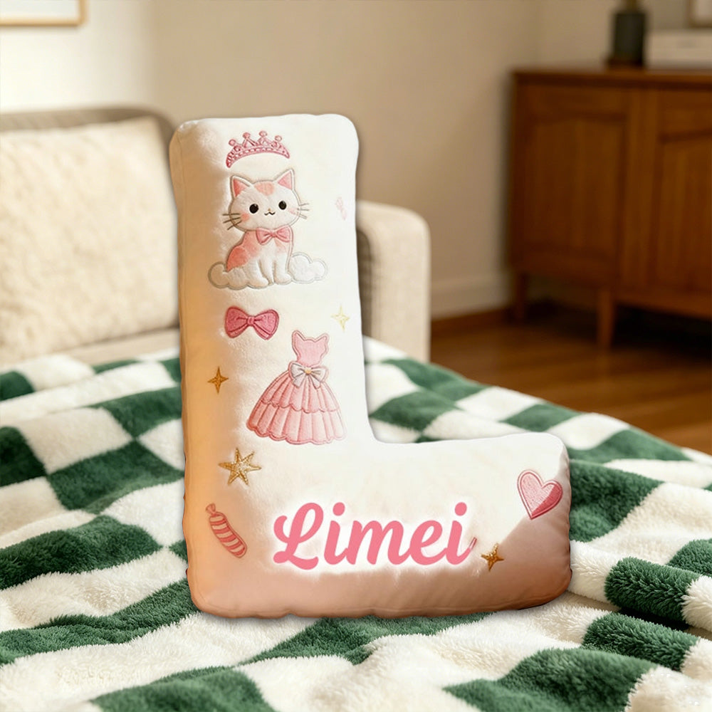 Personalized Cat Princess Dress Letter Pillow with Custom Name, 3D Graphic Print Plush Cushion for Kids & Cat Lovers