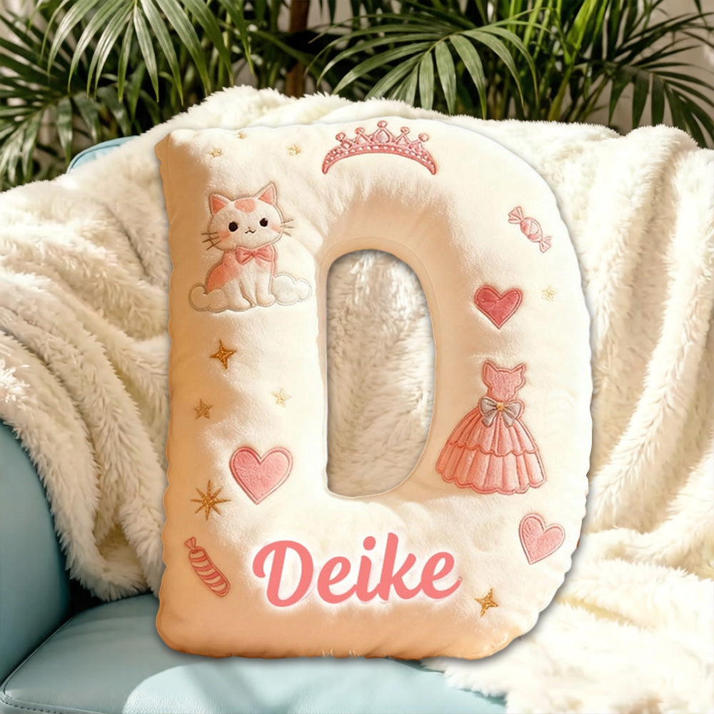Personalized Cat Princess Dress Letter Pillow with Custom Name, 3D Graphic Print Plush Cushion for Kids & Cat Lovers