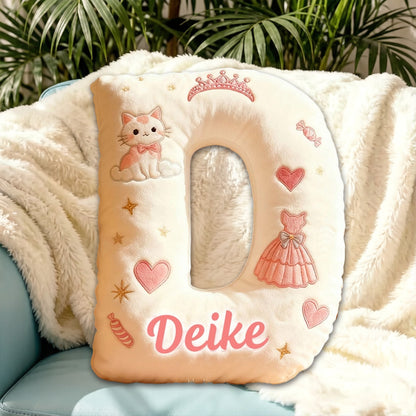 Personalized Cat Princess Dress Letter Pillow with Custom Name, 3D Graphic Print Plush Cushion for Kids & Cat Lovers