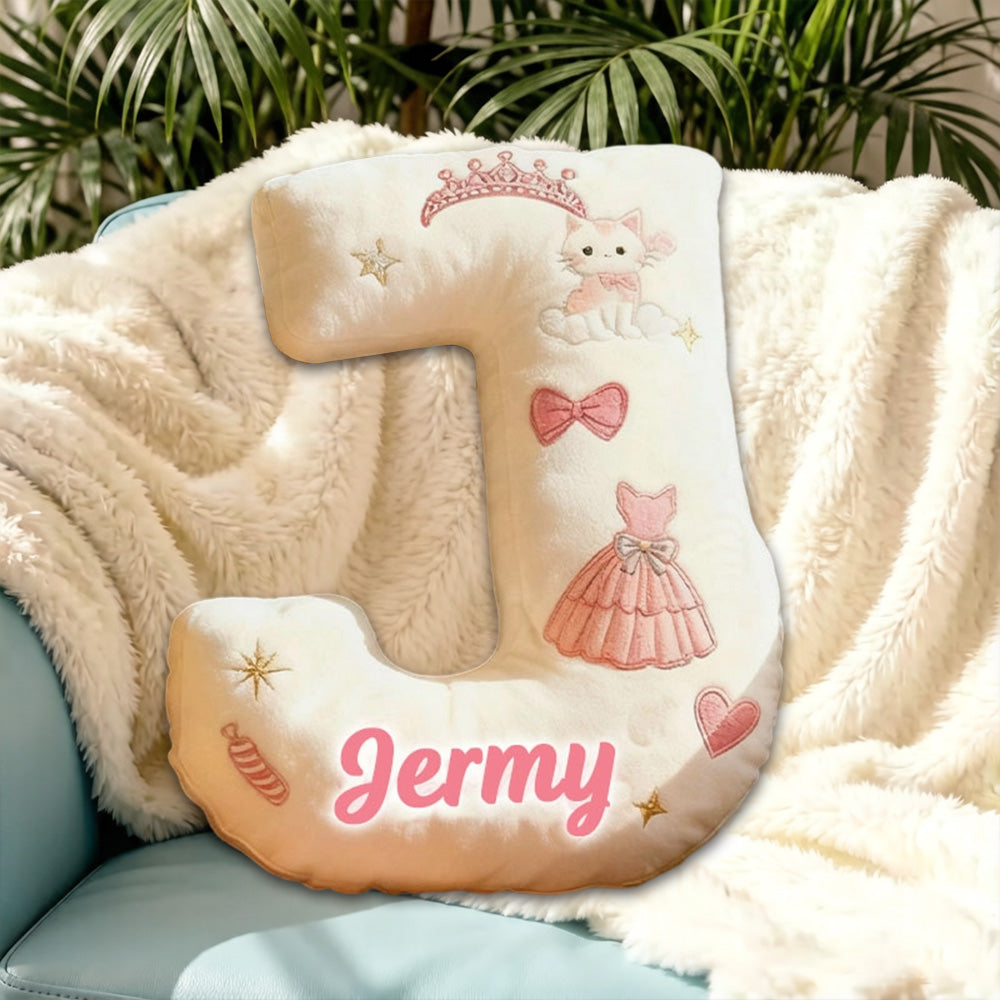 Personalized Cat Princess Dress Letter Pillow with Custom Name, 3D Graphic Print Plush Cushion for Kids & Cat Lovers