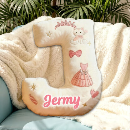Personalized Cat Princess Dress Letter Pillow with Custom Name, 3D Graphic Print Plush Cushion for Kids & Cat Lovers
