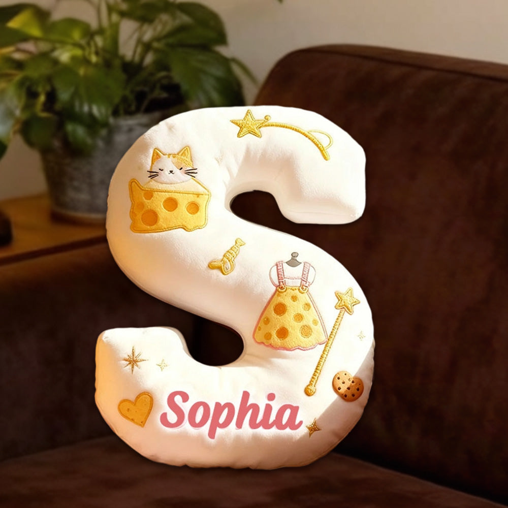 Personalized Cat Cheese Letter Pillow with Custom Name, 3D Graphic Print Plush Cushion for Kids & Cat Lovers