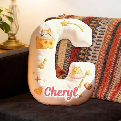 Personalized Cat Cheese Letter Pillow with Custom Name, 3D Graphic Print Plush Cushion for Kids & Cat Lovers