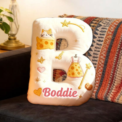Personalized Cat Cheese Letter Pillow with Custom Name, 3D Graphic Print Plush Cushion for Kids & Cat Lovers