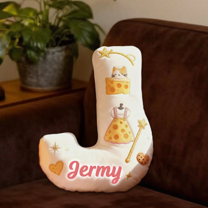 Personalized Cat Cheese Letter Pillow with Custom Name, 3D Graphic Print Plush Cushion for Kids & Cat Lovers