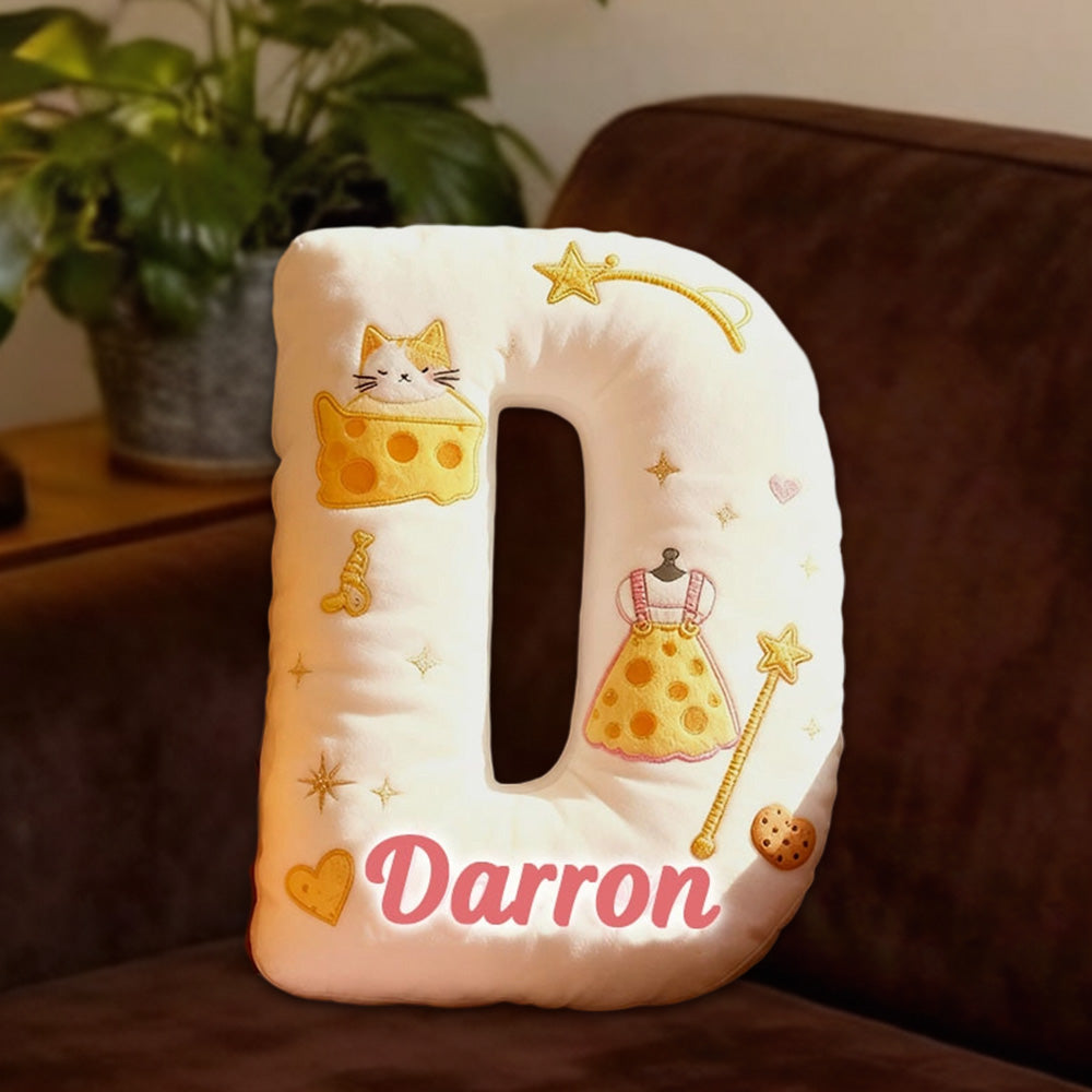 Personalized Cat Cheese Letter Pillow with Custom Name, 3D Graphic Print Plush Cushion for Kids & Cat Lovers