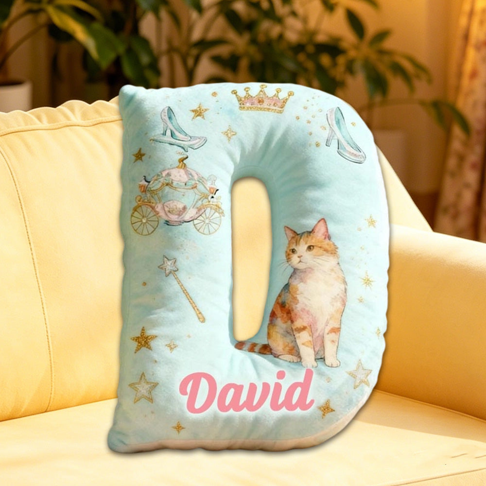 Personalized Cat Princess Pumpkin Carriage Letter Pillow with Custom Name, 3D Graphic Print Plush Cushion for Kids & Fairy Tale Decor