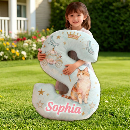 Personalized Cat Princess Pumpkin Carriage Letter Pillow with Custom Name, 3D Graphic Print Plush Cushion for Kids & Fairy Tale Decor