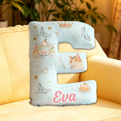 Personalized Cat Princess Pumpkin Carriage Letter Pillow with Custom Name, 3D Graphic Print Plush Cushion for Kids & Fairy Tale Decor
