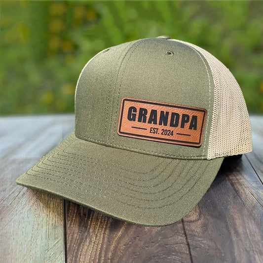 Personalized GRANDPA Est Hat Leather Patch Trucker Hat
