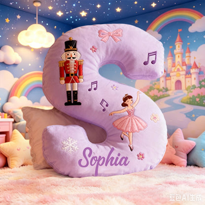 Personalized Purple Letter Pillow with Custom Name, Nutcracker Ballerina Ballet Music Notes Cushion, Snowflake Bow Holiday Decor Gift