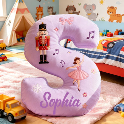 Personalized Purple Letter Pillow with Custom Name, Nutcracker Ballerina Ballet Music Notes Cushion, Snowflake Bow Holiday Decor Gift