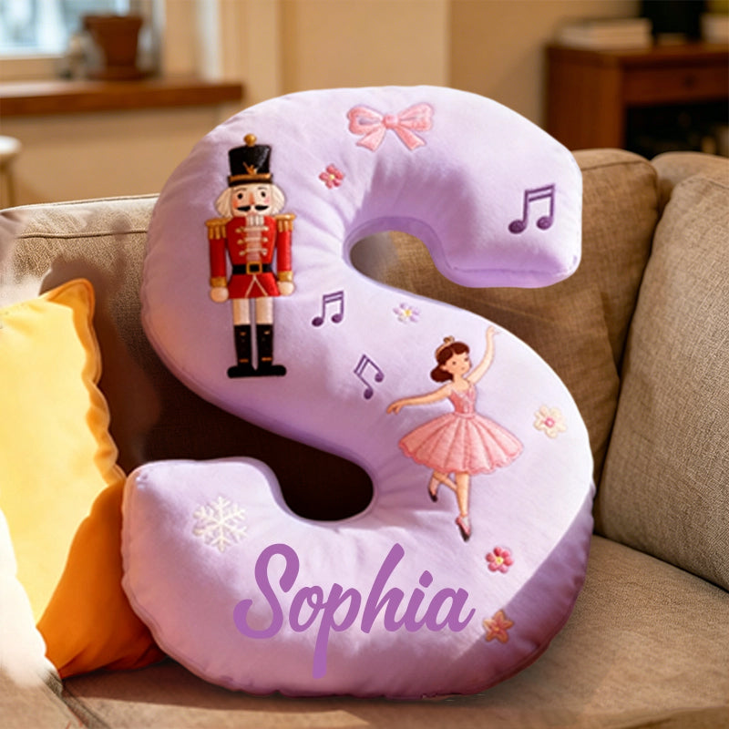 Personalized Purple Letter Pillow with Custom Name, Nutcracker Ballerina Ballet Music Notes Cushion, Snowflake Bow Holiday Decor Gift