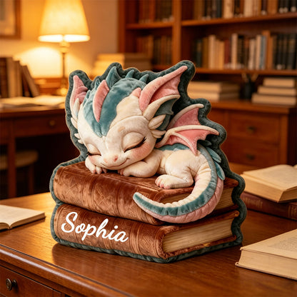 Personalized Sleeping Dragon Book Throw Pillow with Custom Name, 3D Graphic Print Fantasy Bookish Cushion for Kids & Reading Lovers