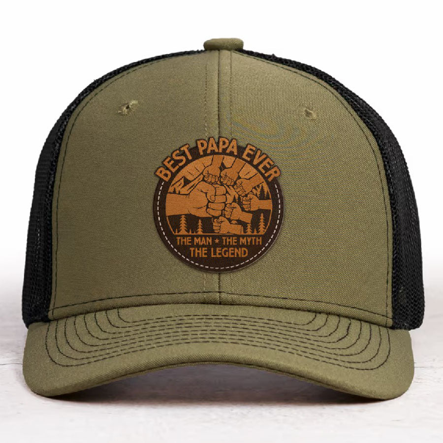 Personalized Best Dad Ever The Man The Myth The Legend DAD Hats with Kids Names Leather Patch Trucker Hat Father's Day Gift