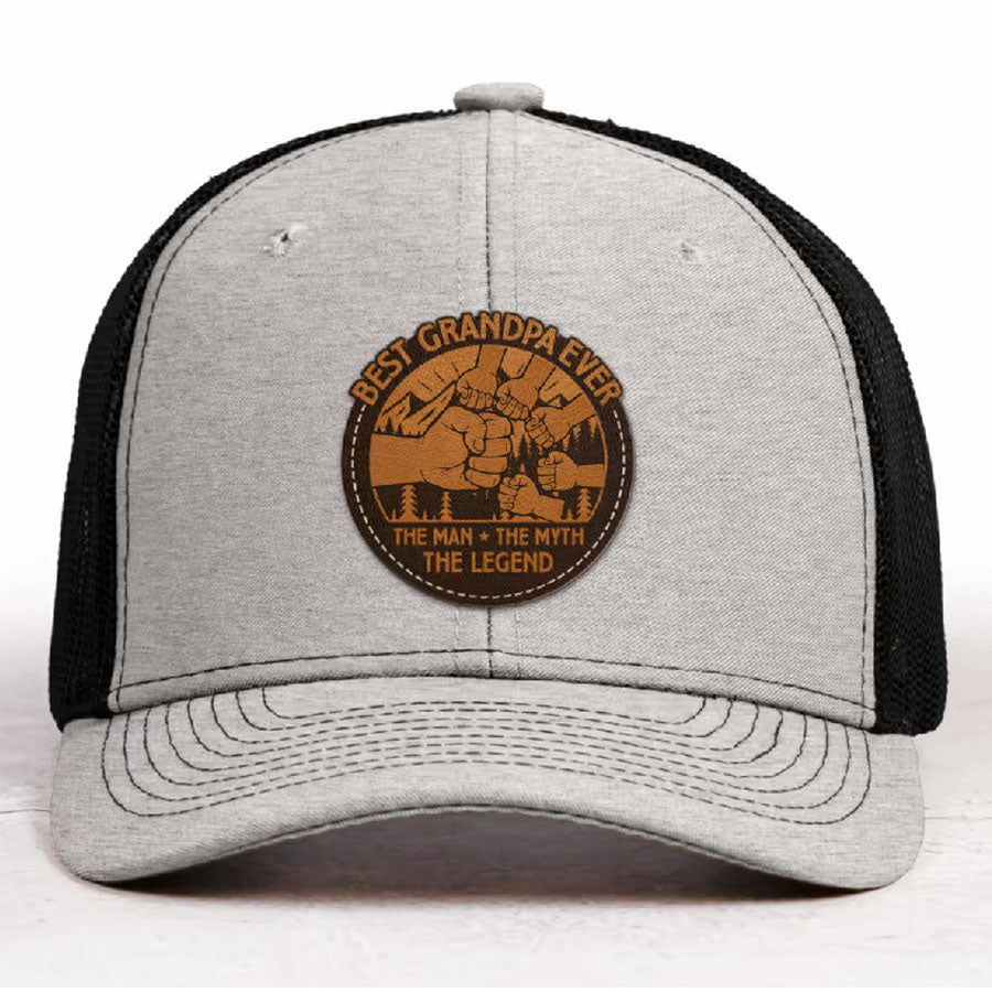 Personalized Best Dad Ever The Man The Myth The Legend DAD Hats with Kids Names Leather Patch Trucker Hat Father's Day Gift