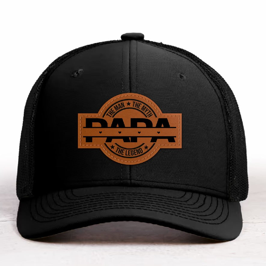 Personalized The Man The Myth The Legend DAD Hats with Kids Names Leather Patch Trucker Hat Father's Day Gift