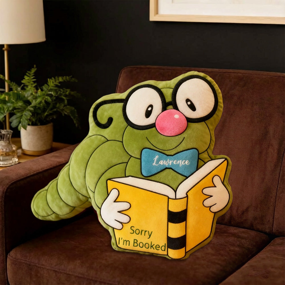 Personalized Christmas Bookworm Pillow with Custom Name, Funny “I’m Booked” Reading 3D Graphic Print Gift for Book Lovers