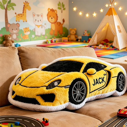 Custom Yellow Racing Car Pillow with 3D Graphic and Personalized Name – Unique Gift Cushion