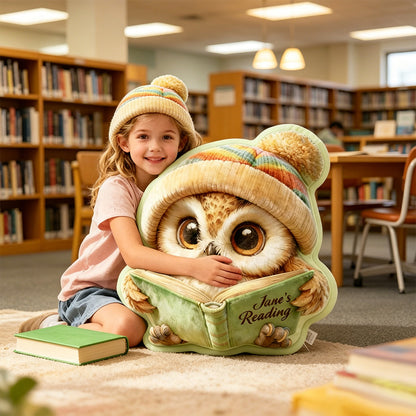 Personalized Christmas Reading Owl Pillow with Custom Name, Funny 3D Graphic Print Gift for Book Lovers