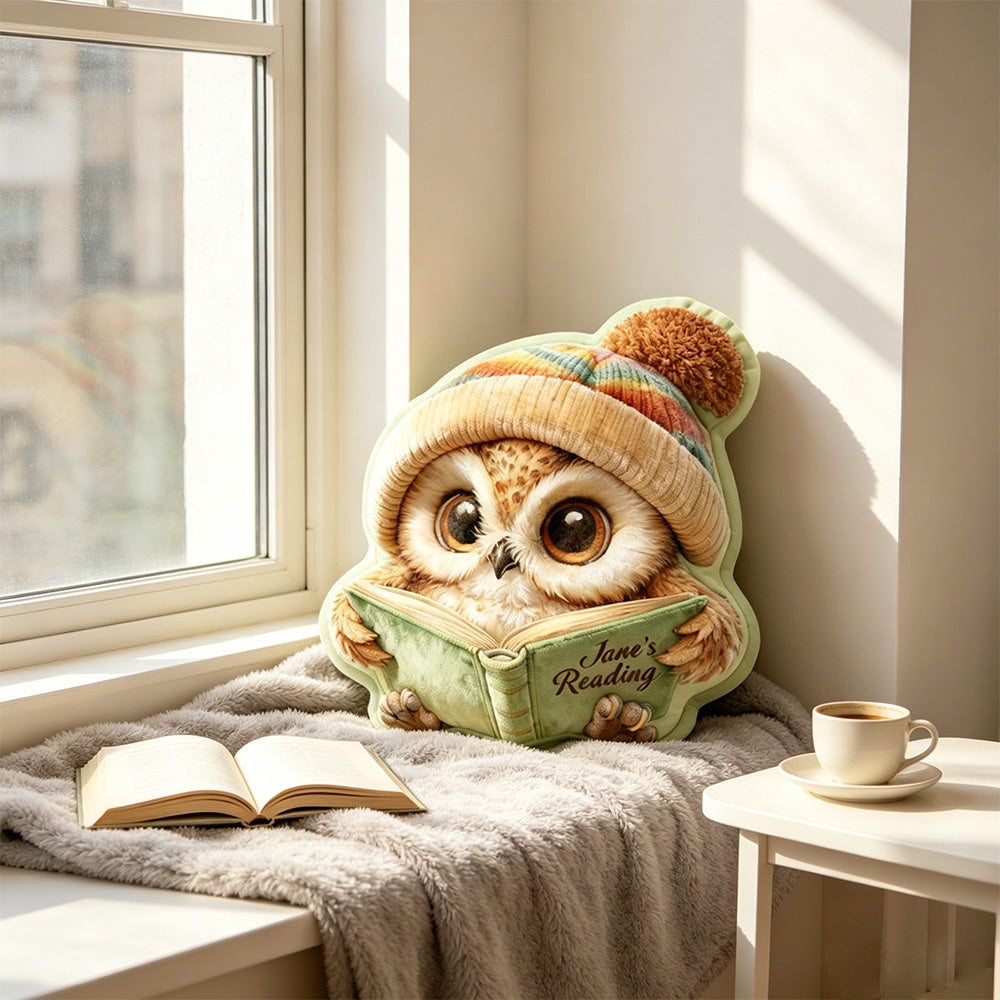 Personalized Christmas Reading Owl Pillow with Custom Name, Funny 3D Graphic Print Gift for Book Lovers