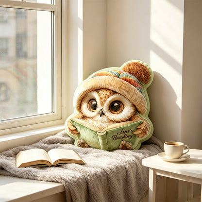 Personalized Christmas Reading Owl Pillow with Custom Name, Funny 3D Graphic Print Gift for Book Lovers
