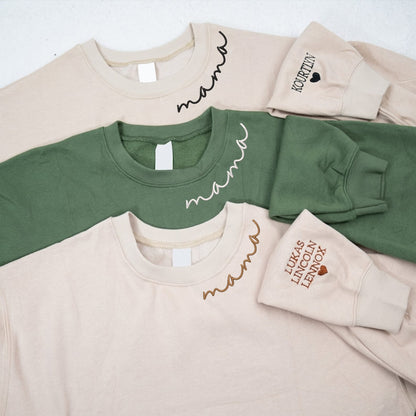 Embroidered Mama Sweatshirt with Kids Names on Sleeve Gift for Mom Mother's Day Birthday Gifts