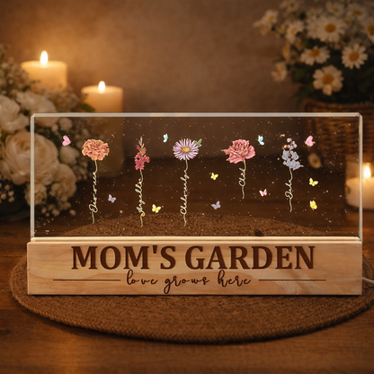 Custom Mom's Garden Birth Flower Love Grows Here Wood Night Light Christmas Gifts For Mom Grandma