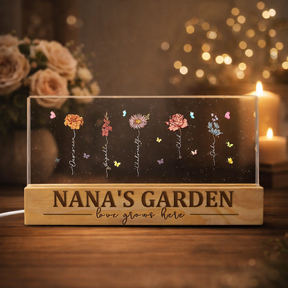 Custom Mom's Garden Birth Flower Love Grows Here Wood Night Light Christmas Gifts For Mom Grandma
