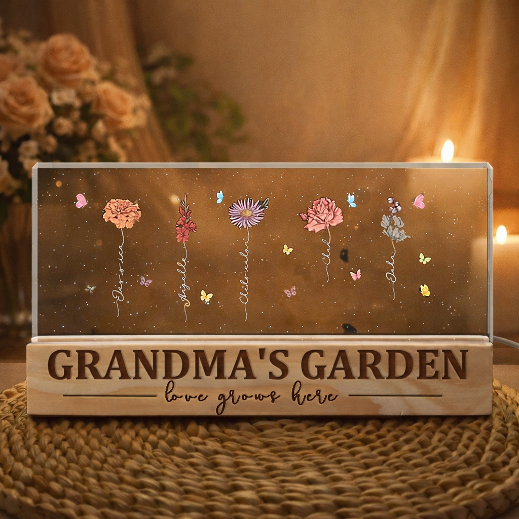 Custom Mom's Garden Birth Flower Love Grows Here Wood Night Light Christmas Gifts For Mom Grandma