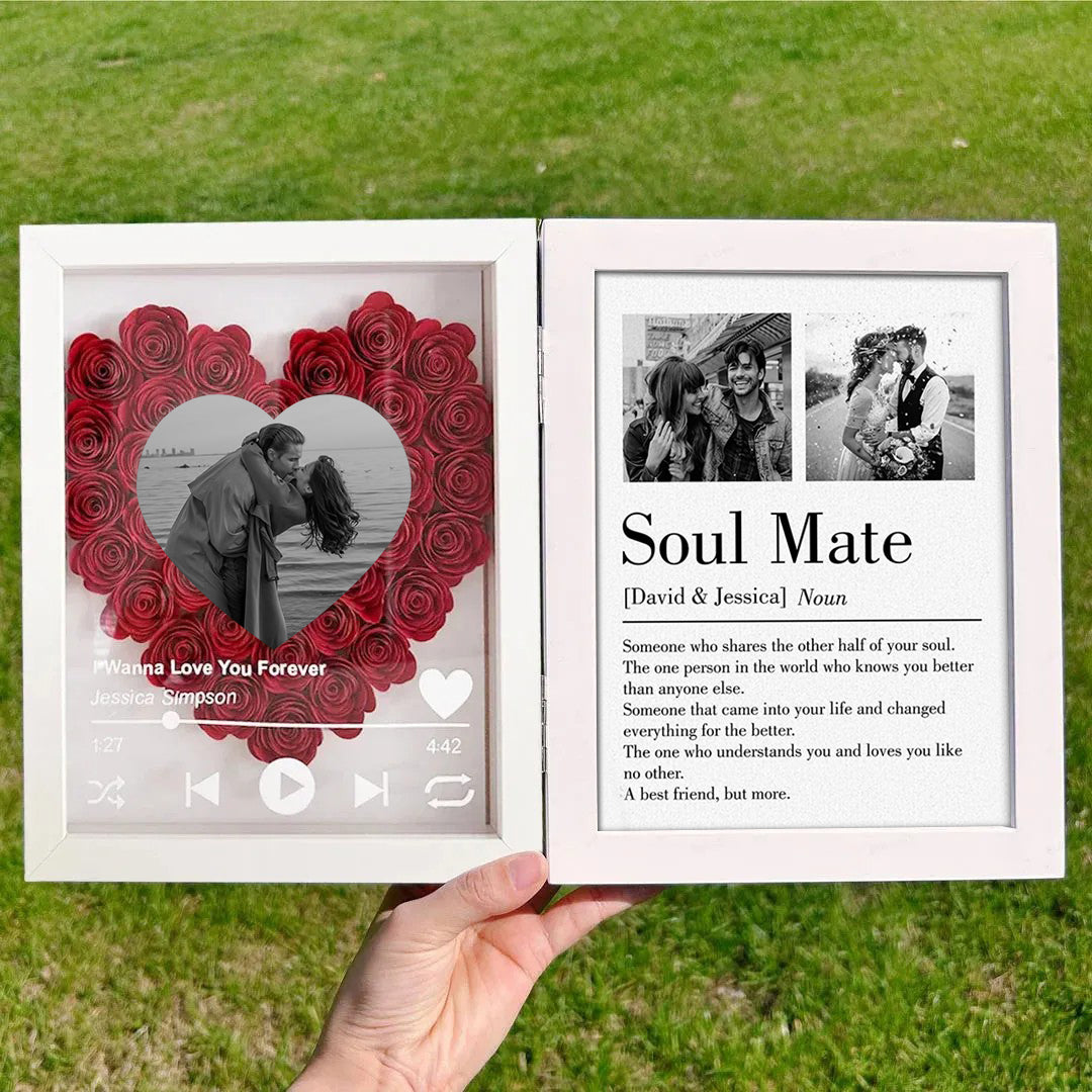 Personalized "Soul Mate" Definition Shadow Box: 3D Rose Heart Photo Frame with Scannable Spotify Music Player – Custom Anniversary & Wedding Gift for Couples