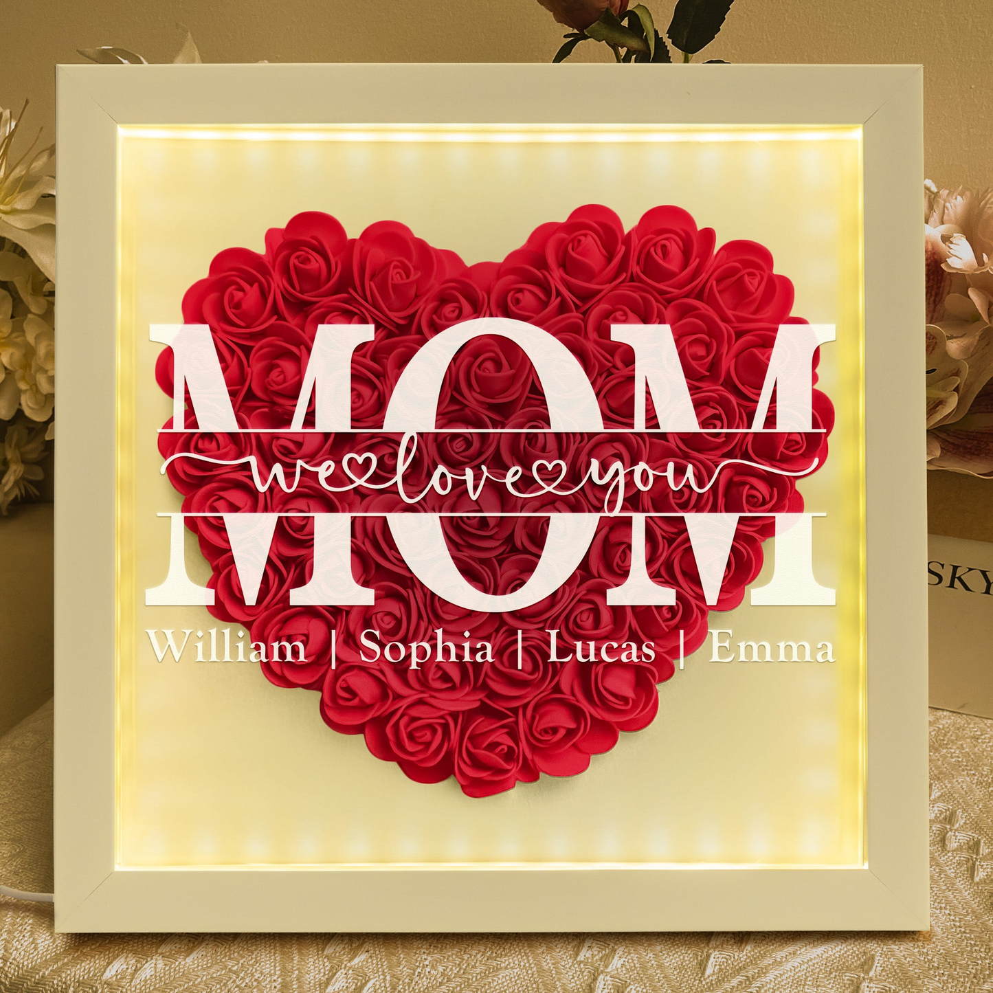 Personalized Flower Shadow Box With LED Light We Love You Mom Mother's Day Gift