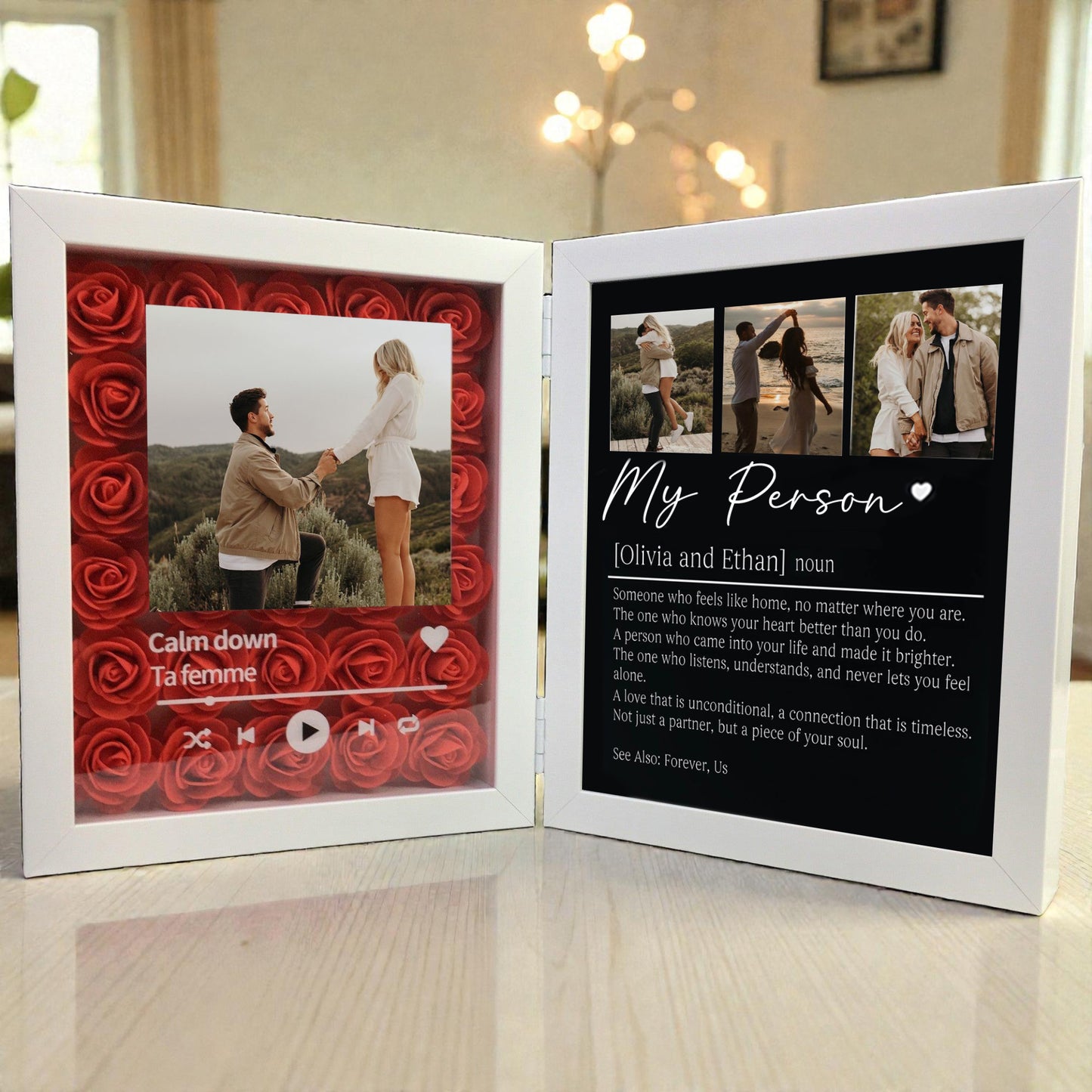 Personalized Spotify Music & "My Person" Definition Shadow Box: 3D Rose Backdrop Double Photo Frame – Custom Engagement & Anniversary Gift for Couples