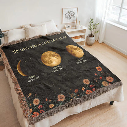 Personalized Mom Moon Phase by Date Woven Blanket with Kids Names Mother's Day Gift