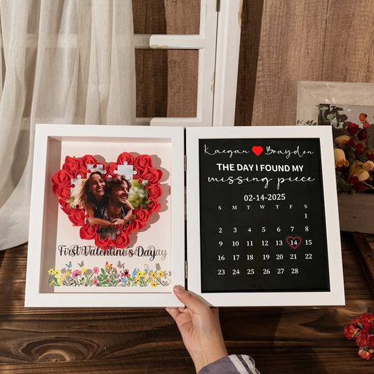 Personalized 3D Rose Heart Shadow Box: Custom Jigsaw Puzzle Photo & Anniversary Calendar Frame – Bi-Fold "Missing Piece" Valentine’s Day Keepsake Gift