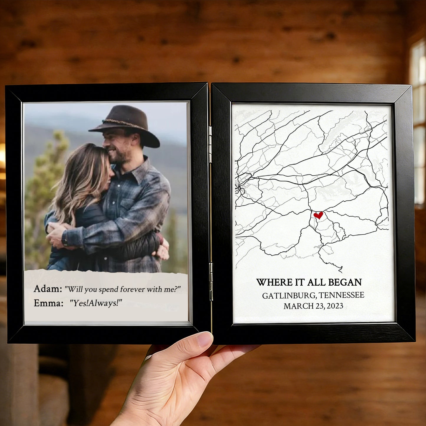 Personalized Bi-Fold Engagement Map & Photo Frame: Custom "Where She Said Yes" Proposal Location Shadow Box – Romantic Anniversary Gift for Couples